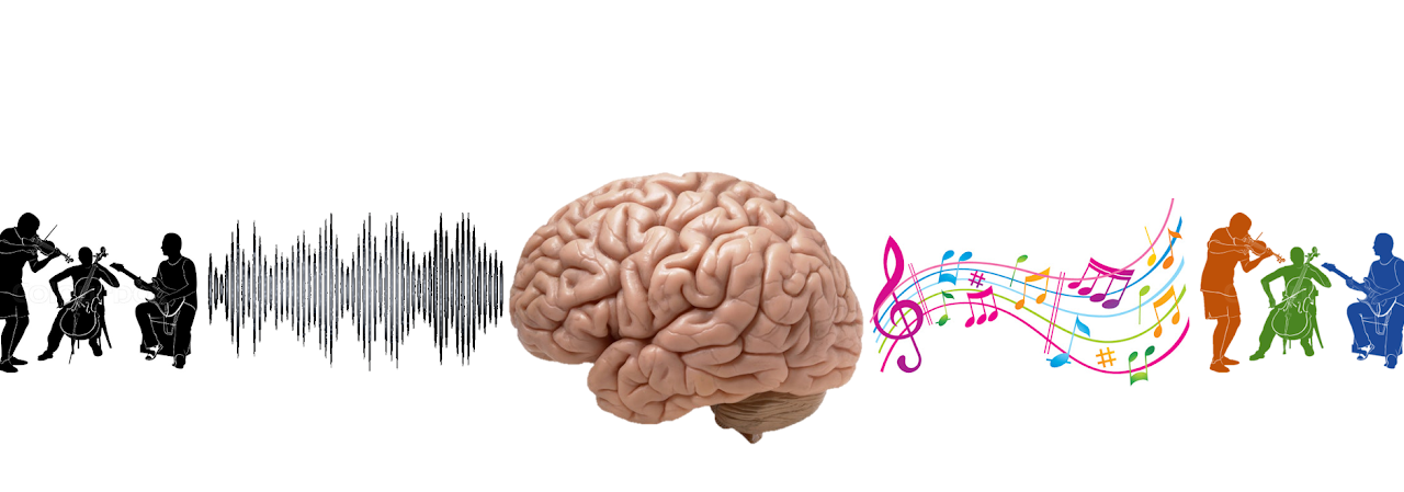 Image of silhouettes of musicians playing and the resulting acoustic waves reach brain of the listner which segregates the overlapping sounds into its constituent instruments.