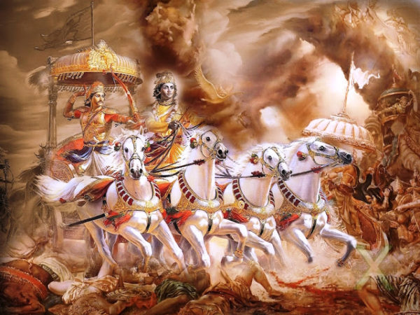 Image of warrior riding a chariot driven by god during Mahabharata or the Big war.