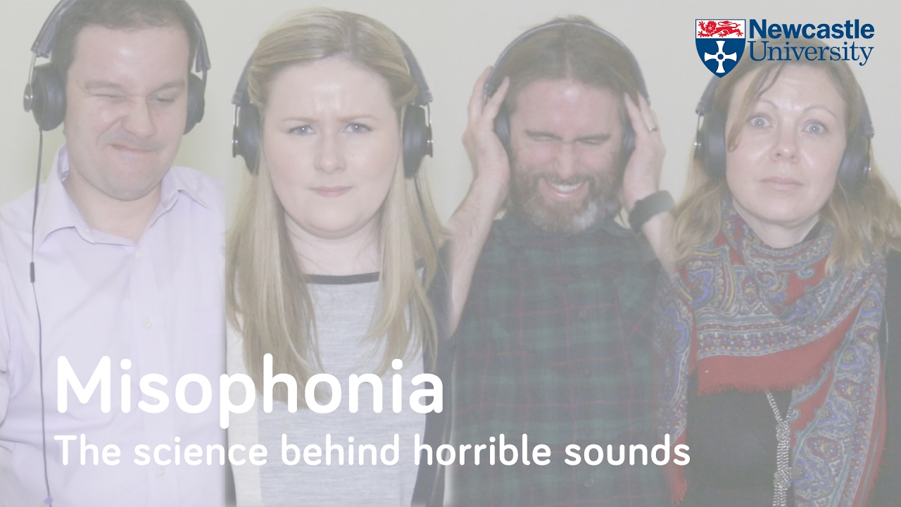 Image of people suffering from misophonia cringing while listening to their auditory trigger sounds over headphones.