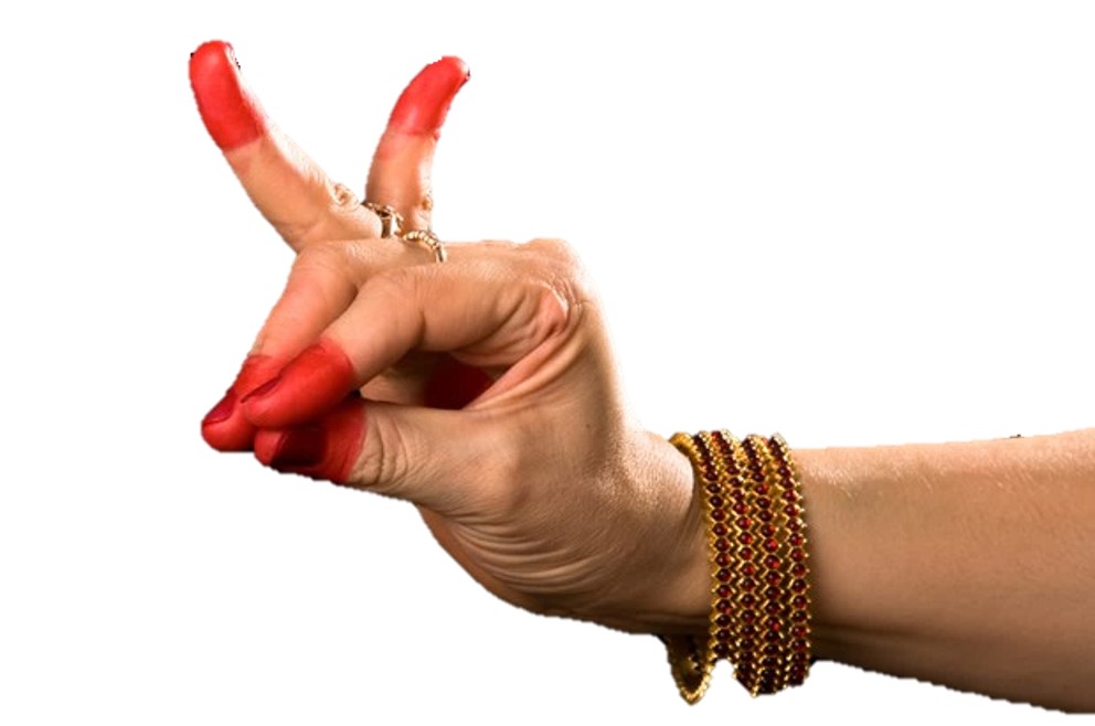 Image of a right hand of a women in Bharatanatyam getup showing a hand pose of anjali mudra.