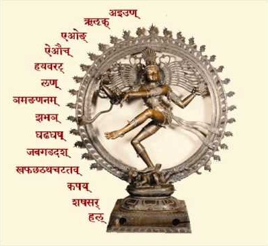 An idol of dancing nataraja with list of panini's shiva sutras or maheshwarani sutrani